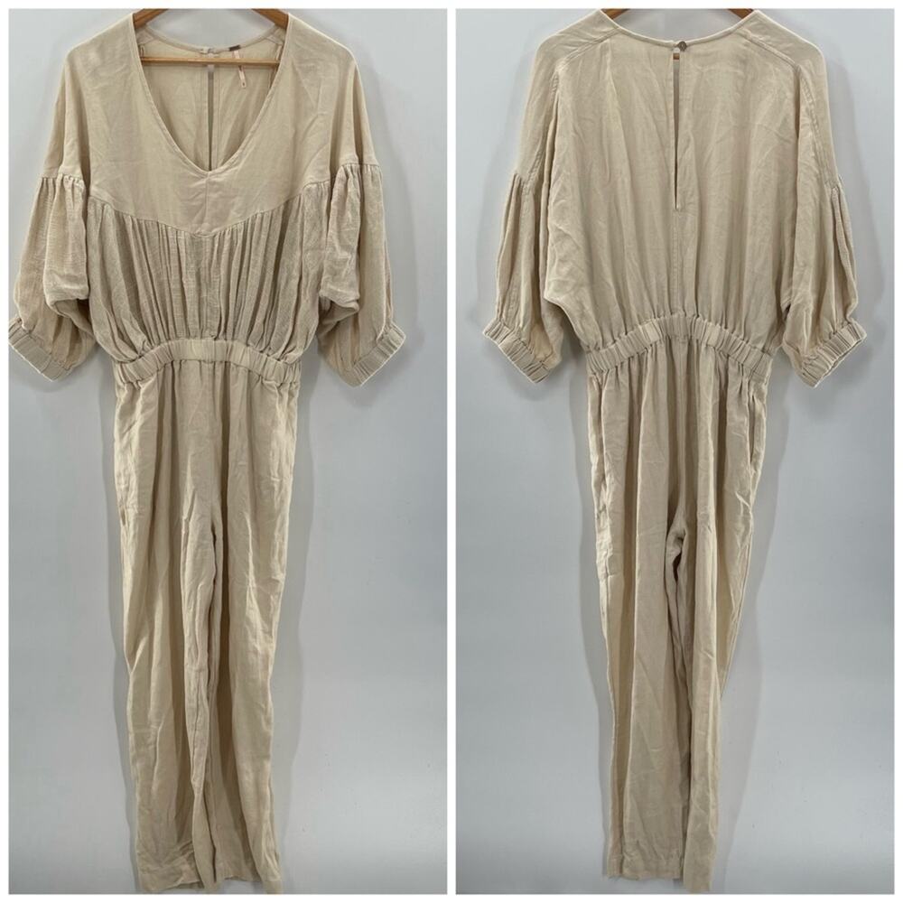 Free People Cream Linen Blend Boho Relaxed Fit Jumpsuit Size S Preppy Natural - Picture 2 of 16